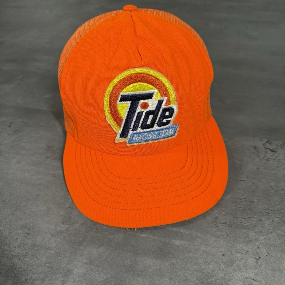 Vintage Tide Racing Team Snapback Hat Trucker Cap Orange Mesh USA Made 80s Union